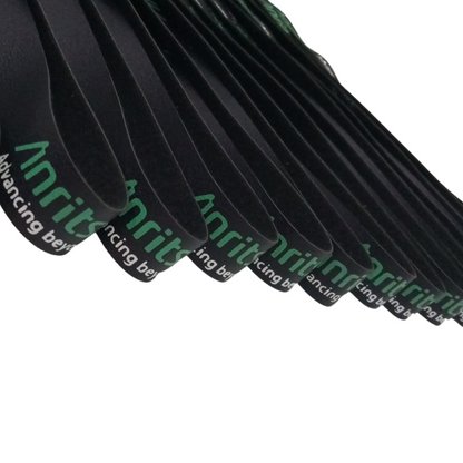 Stack of black Anritsu neck lanyards, showcasing the green Anritsu "Advancing Beyond" branding. Perfect for ID badges, trade shows, and corporate giveaways.