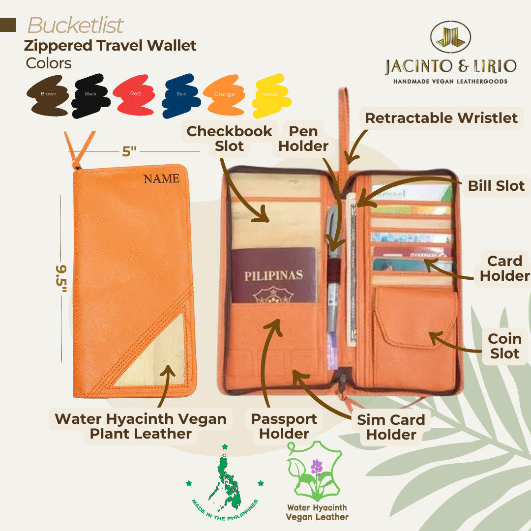 Zippered travel wallet in orange with multiple pockets for checkbooks, sim cards, paper bills, cards, and coins. 