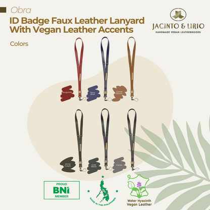 6 ID lanyards in each different colors with faux leather strips on the strap.