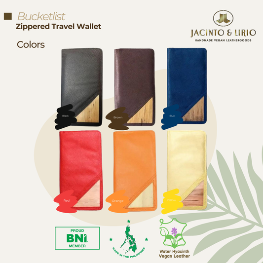 6 closed leather wallets in varying colors with a water hyacinth derived vegan leather corner on each of the wallet's surfaces.