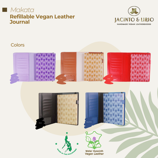 Five different color variations of a vegan leather journal.