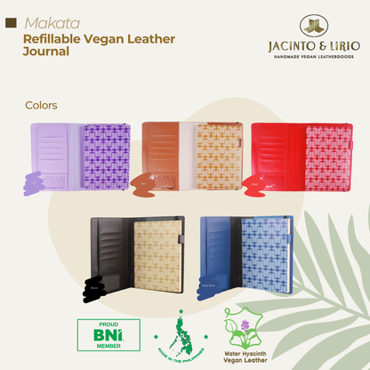 five different variations of an A5 sized vegan leather journals in colors purple, brown, red, black, and blue.