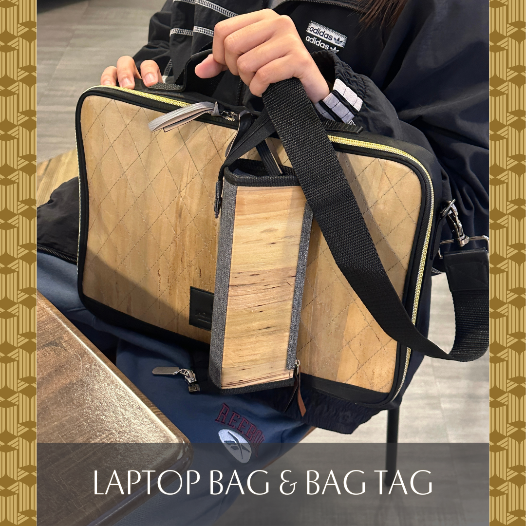 The Hiraya Laptop Bag in 13" Black serves as a laptop bag while the Tatsulok Expandable Case in Ash-Grey Plain serves as a bag tag.