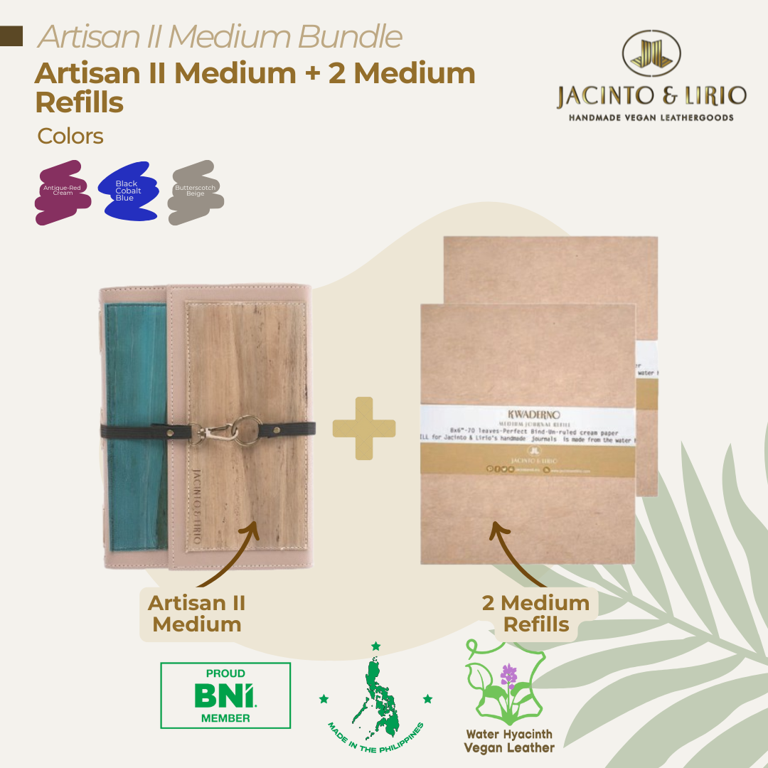 Artisan II Medium Dual Cover Refillable Vegan Leather Journal + 2pcs Medium Refills Blank Notebook Journal Inserts Bundle - Jacinto & Lirio