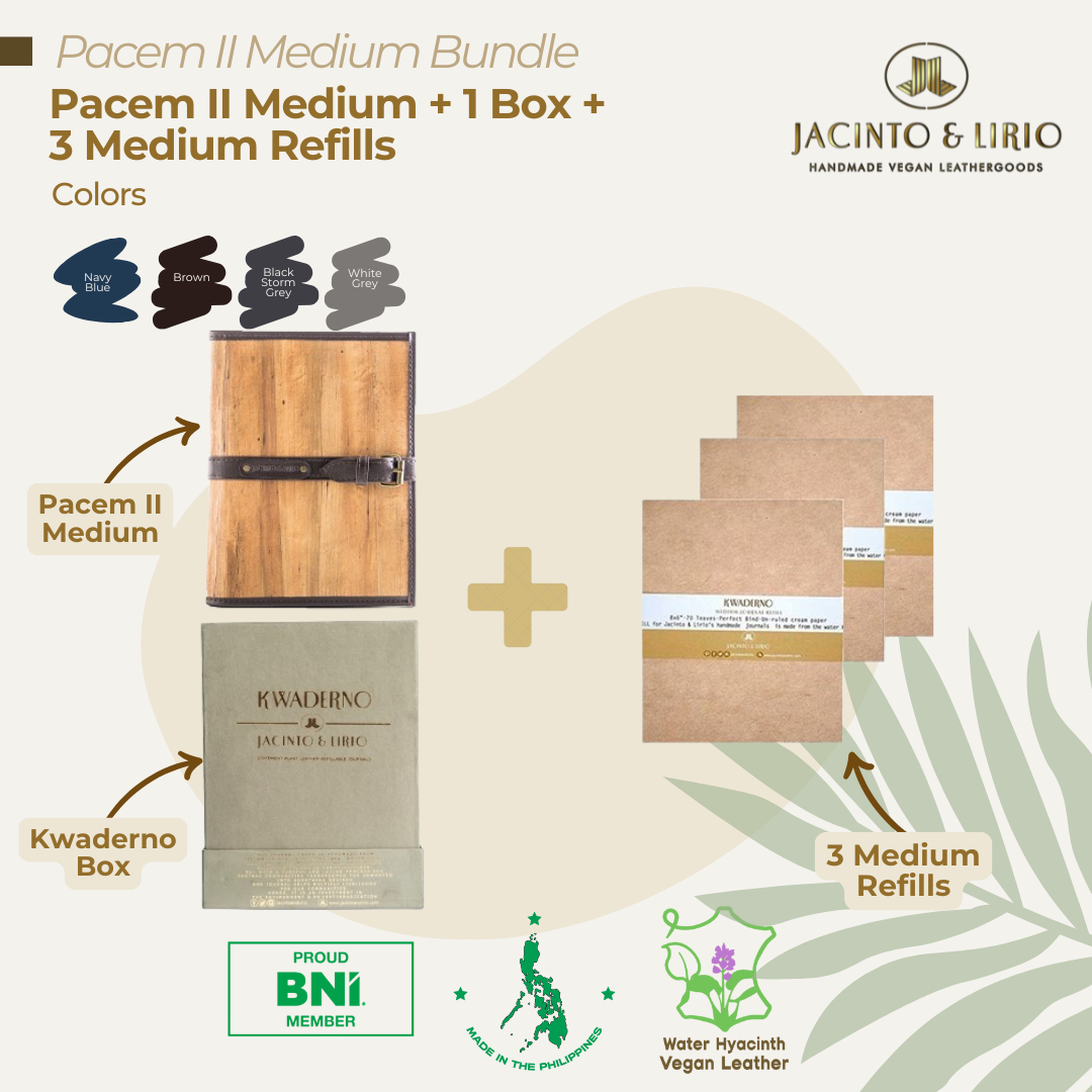 Jacinto & Lirio Pacem II Medium Bundle featuring a brown water hyacinth vegan leather notebook with a black strap, Kwaderno box, and three medium-sized eco-friendly refills. Available in navy blue, brown, black storm gray, and white gray colors. Sustainable and proudly made in the Philippines.