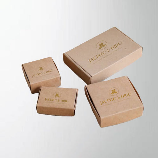Corrugated Kraft Boxes of varying size with logo printed on.