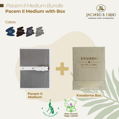 A bundle composed of a classy white grey
journal and gift box packaging as perfect gifts for notetakers and jetsetters.