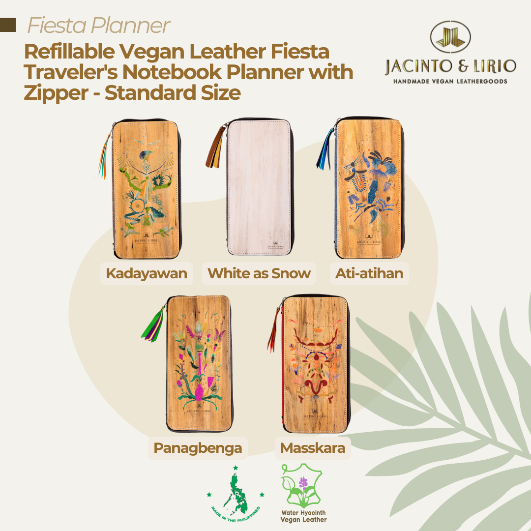 Five vibrant variations of the traveler's notebook made from water hyacinth plant leather and based on Philippine festivals. 