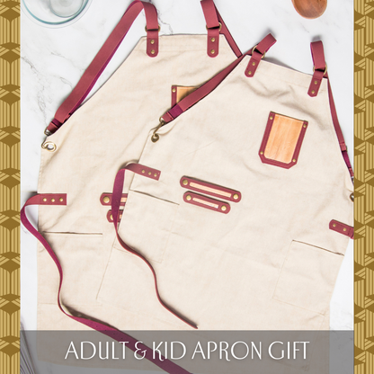 Akap Artisan Vegan Leather Family Matching Apron with Adjustable Cross-back Straps and Chest Pockets for Adult and Child