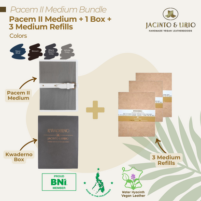 Jacinto & Lirio Pacem II Medium Bundle featuring a gray water hyacinth vegan leather notebook with a white strap, Kwaderno box, and three medium-sized eco-friendly refills. Available in navy blue, brown, black, green gray, and white gray colors. Made in the Philippines using sustainable materials.