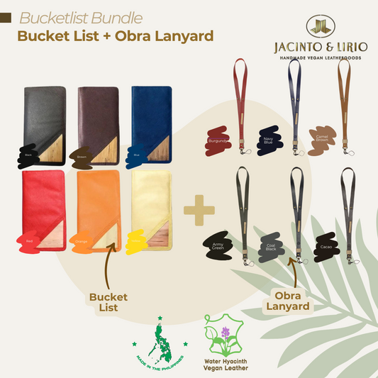 A vegan leather tall rectangular notebook with a matching colored vegan leather lanyard.