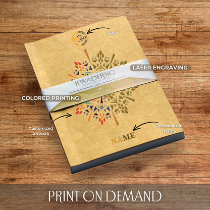 A kraft notebook that has 3d colorful laser engraving on it.