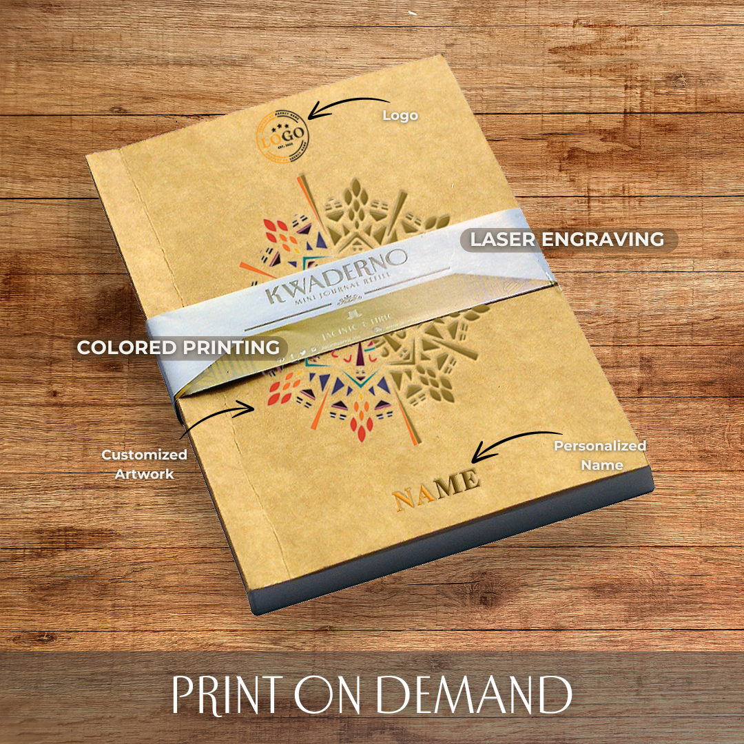 Blank Notebook with laser engraving personalization, colored printing, and customized artwork on its cover.