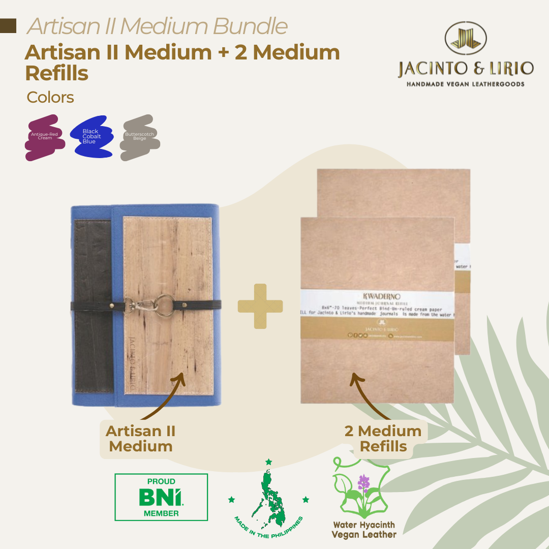 Artisan II Medium Dual Cover Refillable Vegan Leather Journal + 2pcs Medium Refills Blank Notebook Journal Inserts Bundle - Jacinto & Lirio