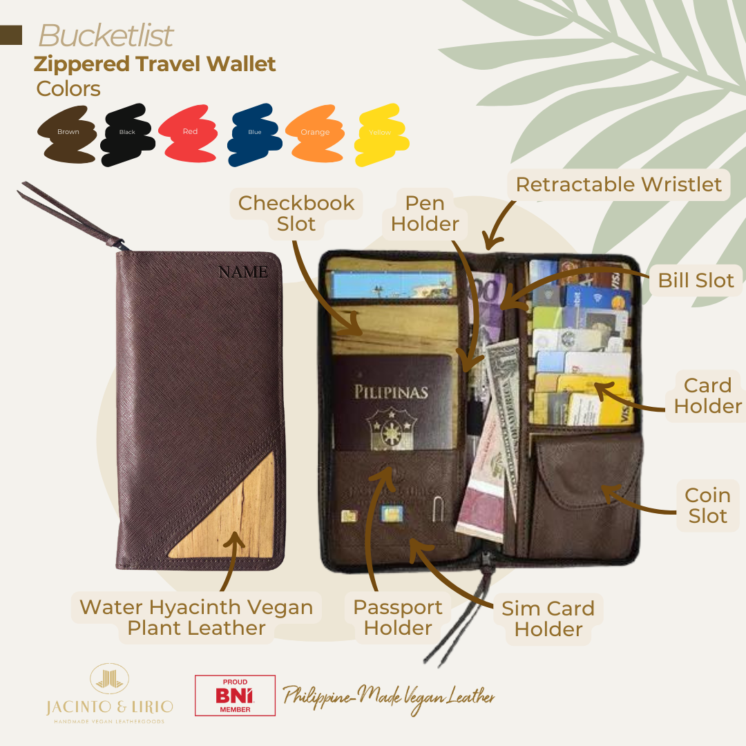 Bucket List Zippered Checkbook or Travel Wallet Essentials Purse with Retractable Wristlet - Jacinto & Lirio brown