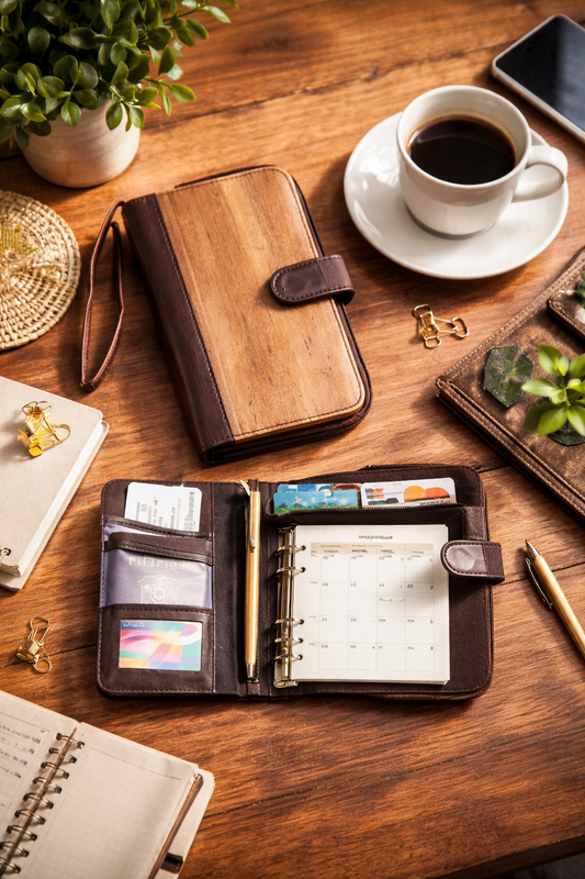 Likhain A6 Ring Binder Dateless Monthly Weekly Planner Wallet Organizer (Choco Brown)