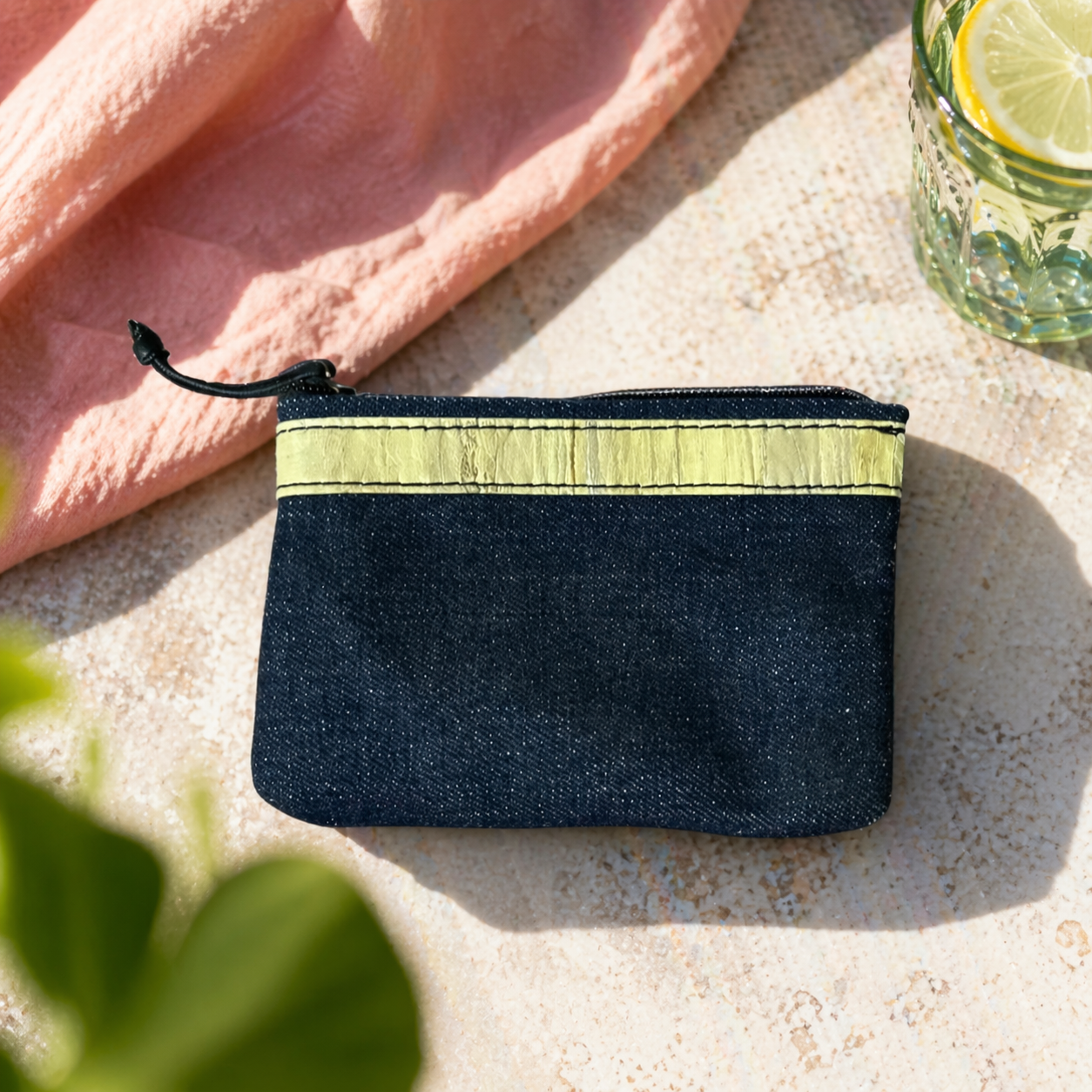 Maong Pouch with Vegan Leather Strip Accent, Pouches, Ecoingenuity Inc., Jacinto & Lirio. - Jacinto & Lirio
