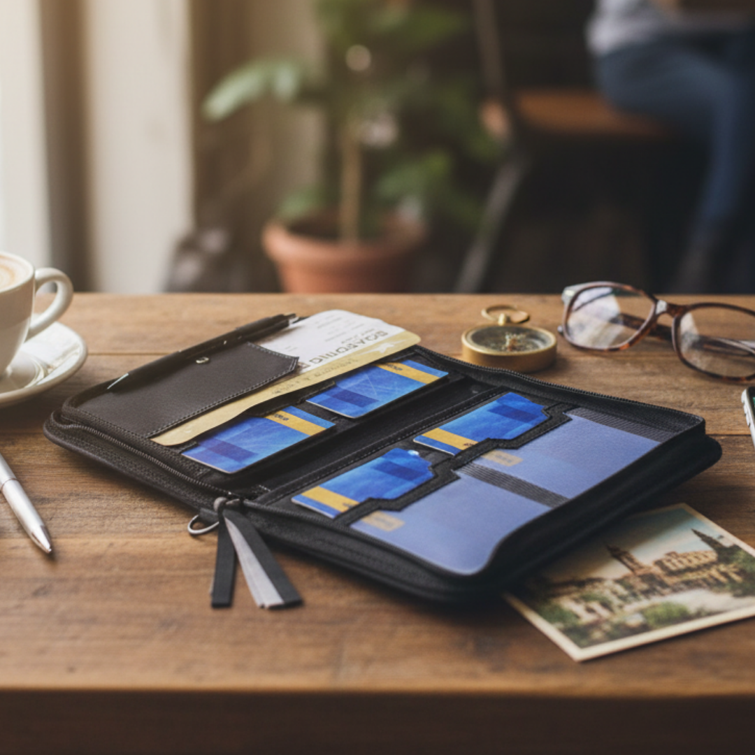 Table with a Gala, smartphone, notebook, pen, and coffee cup in a casual setting.