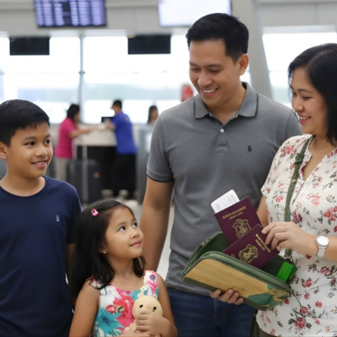Family of four at an airport with passports and Gala Banaue.