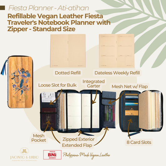 Fiesta Refillable Vegan Leather Traveler's Notebook Planner with Zipper - Standard Size (Ati-atihan) - Jacinto & Lirio
