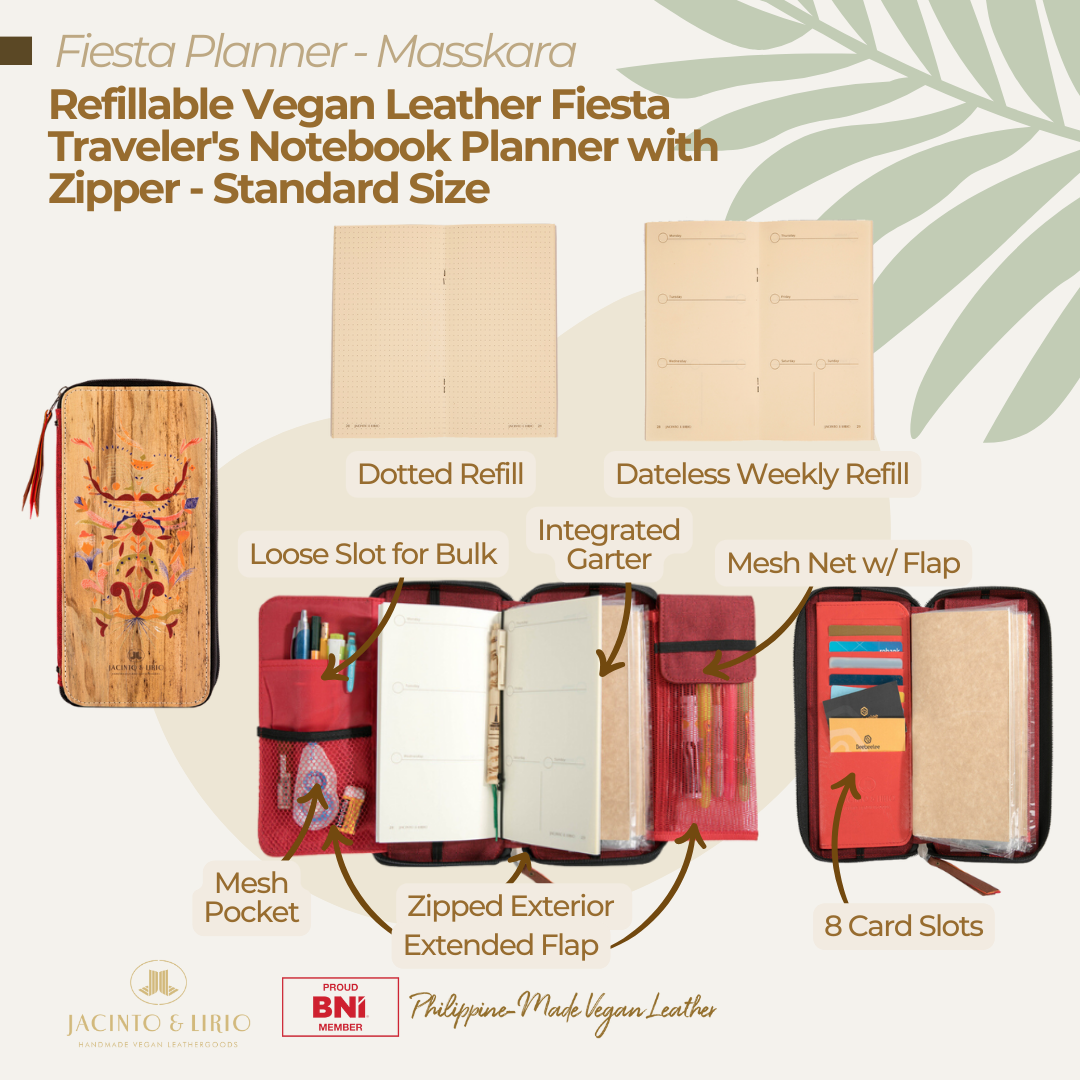 Zippered Refillable Vegan Leather Fiesta Traveler’s Notebook with Dateless Weekly Planner and Dotted Notebook – Standard Size