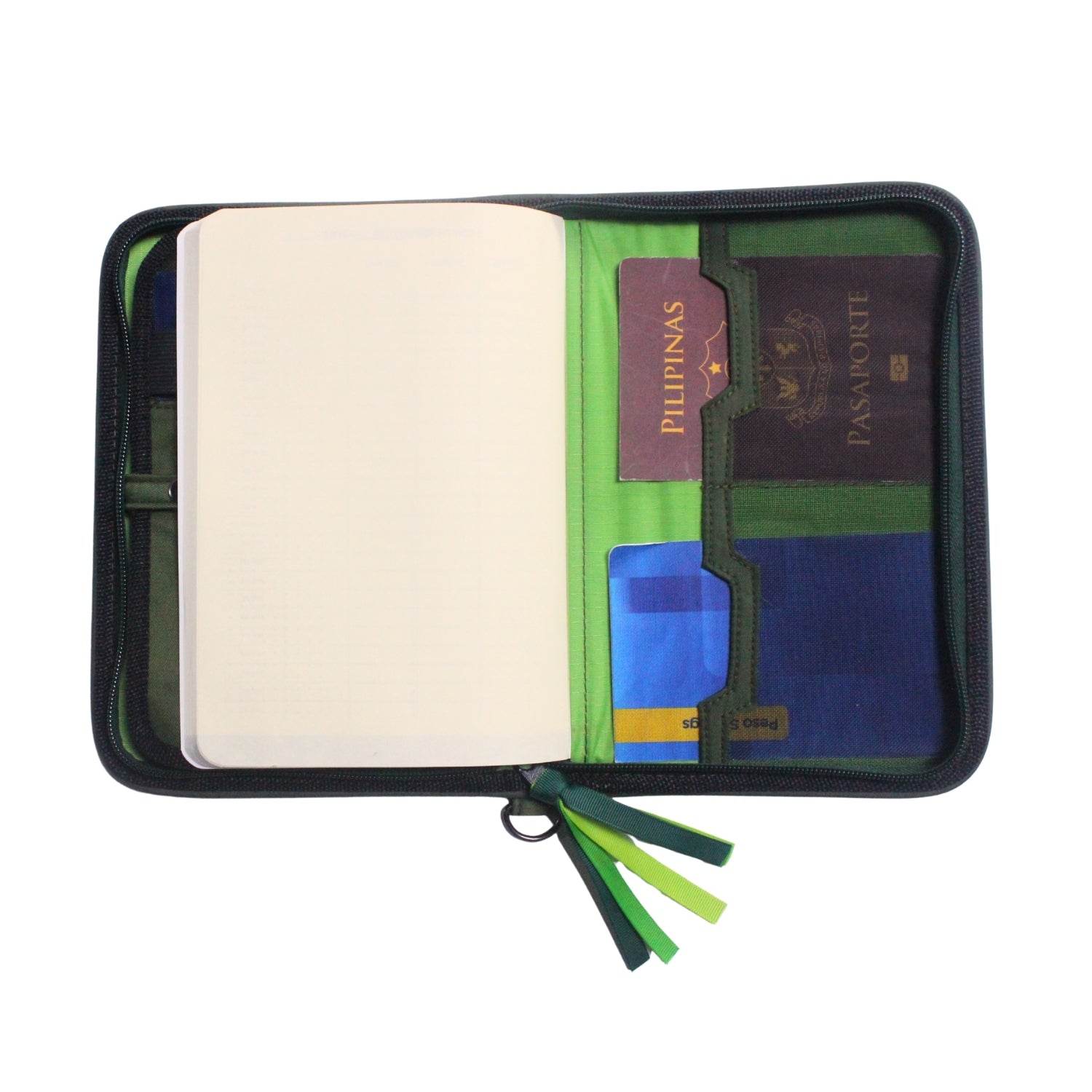 Gala Banaue family passport holder daily planner open with back of planner and a passport and a passbook inserted.