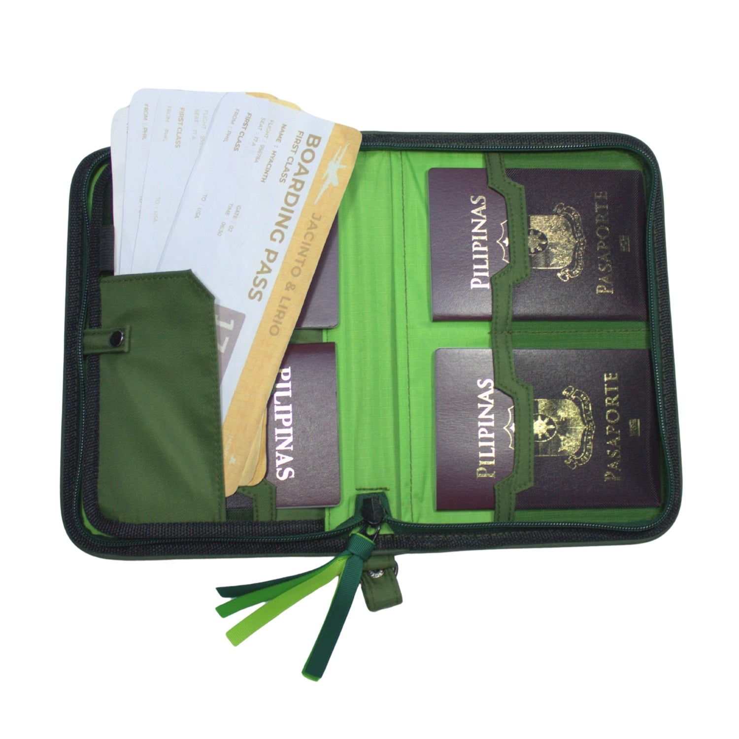 Gala Banaue family passport holder daily planner open with four passports and four boarding passes inserted.