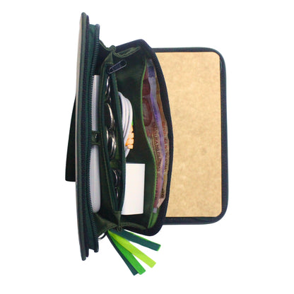 Gala Banaue family passport holder daily planner open showing off integrated card holder and wallet compartment with various items inserted.