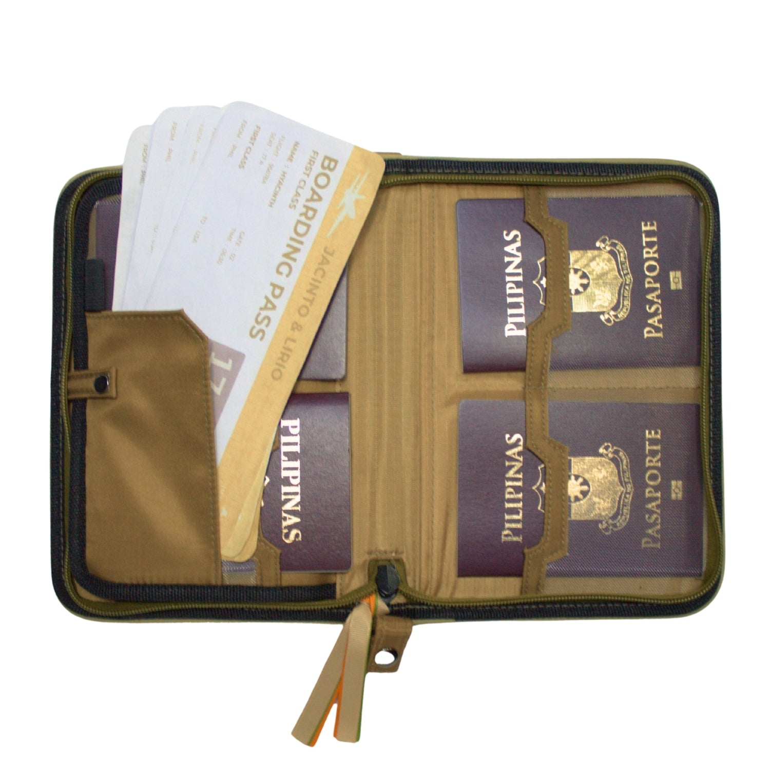 Gala Boracay family passport holder daily planner open with four passports and four boarding passes inserted.