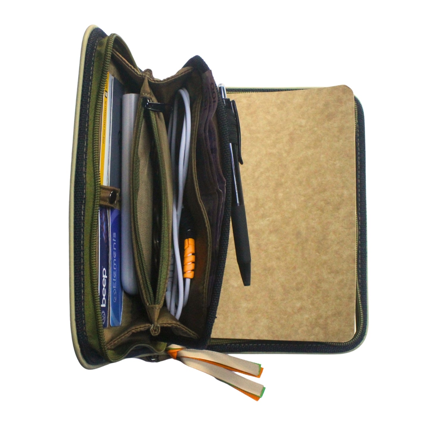 Gala Boracay family passport holder daily planner open showing off integrated card holder and wallet compartment with various items inserted.