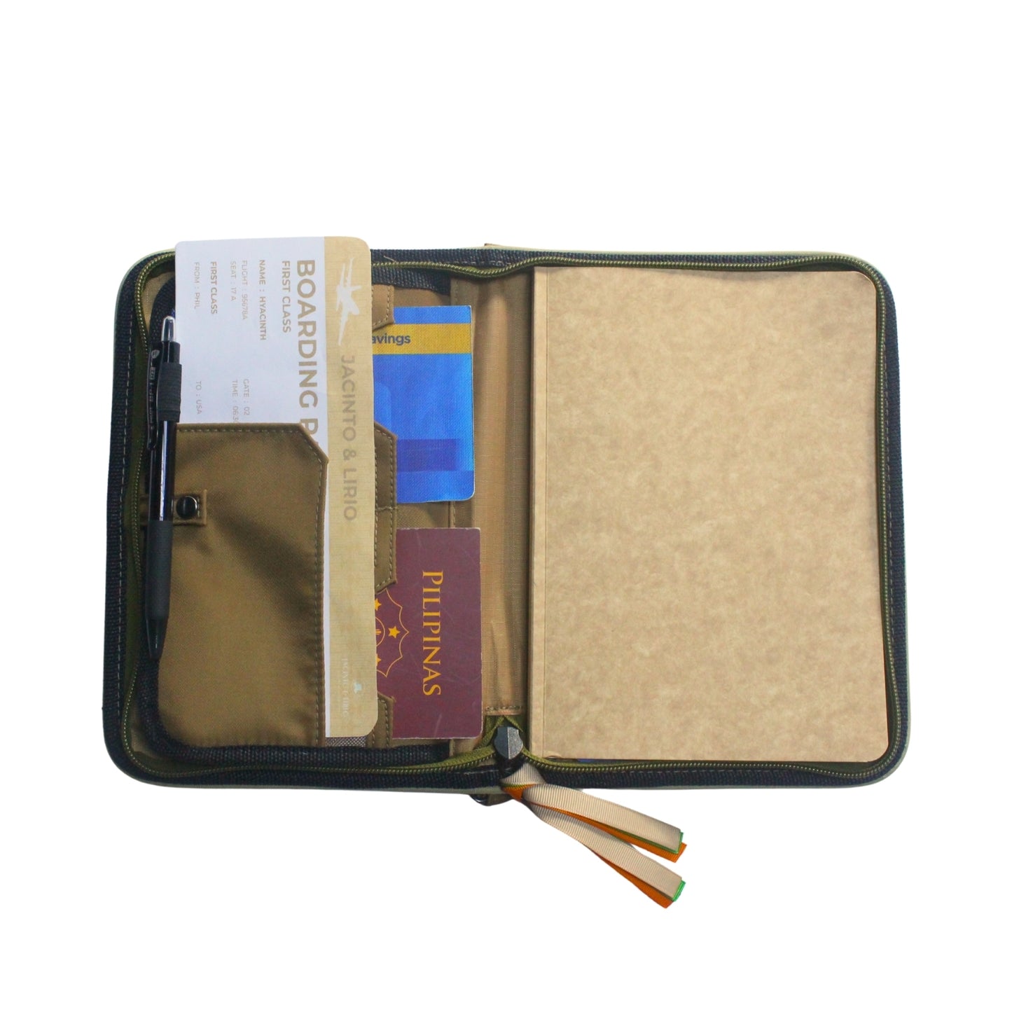 Gala Boracay family passport holder daily planner open with planner, passport, passbook, and boarding pass inserted.
