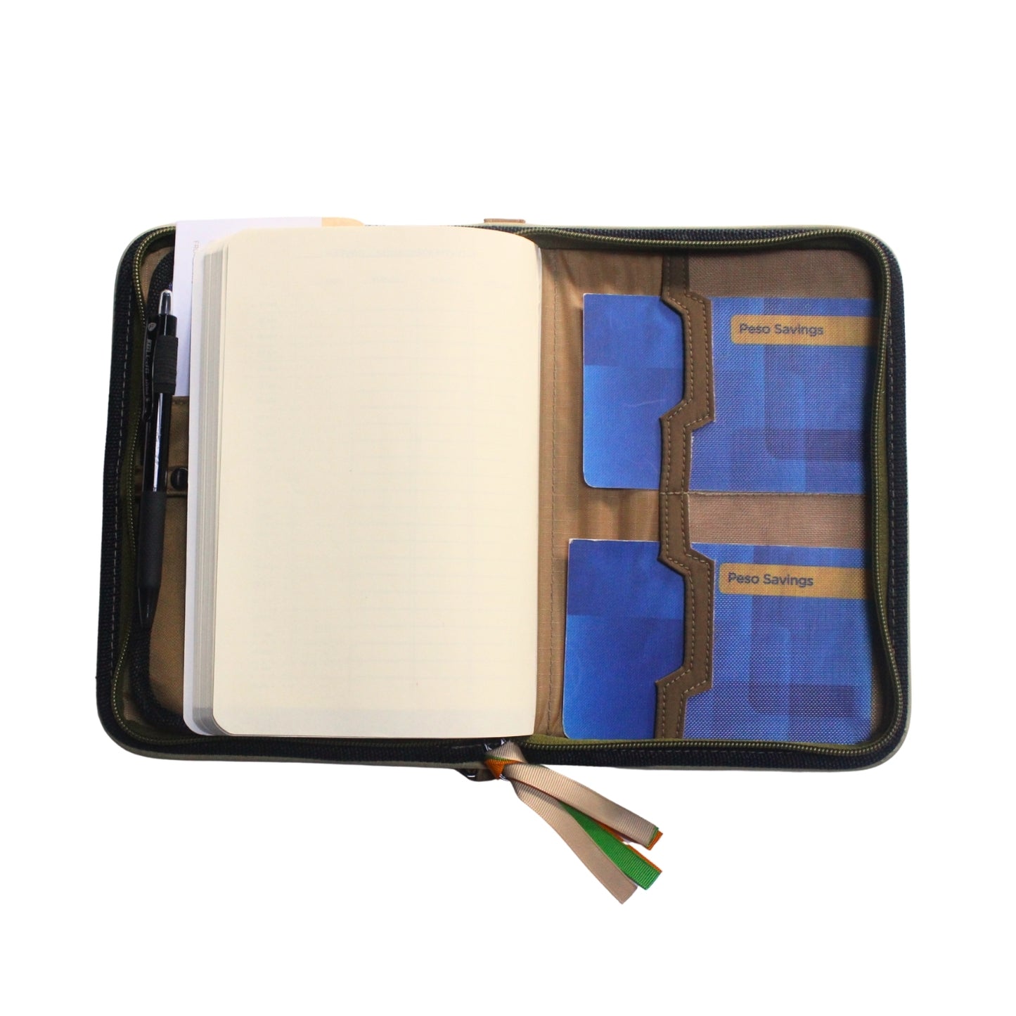 Gala Boracay family passport holder daily planner open with back of planner and two passbooks inserted.