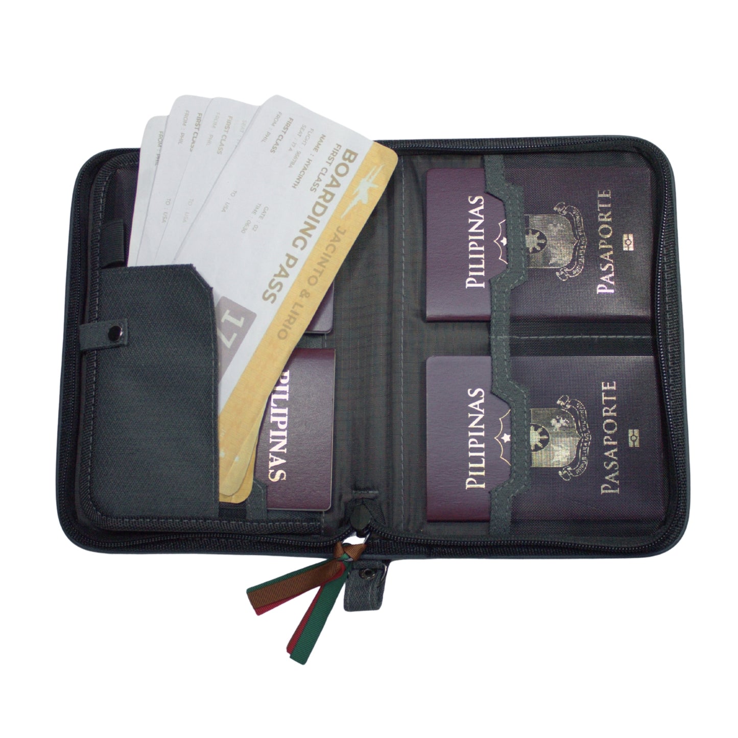 Gala Chocolate Hills family passport holder daily planner open with four passports and four boarding passes inserted.