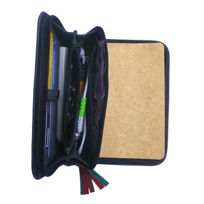 Gala Chocolate Hills family passport holder daily planner open showing off integrated card holder and wallet compartment with various items inserted.