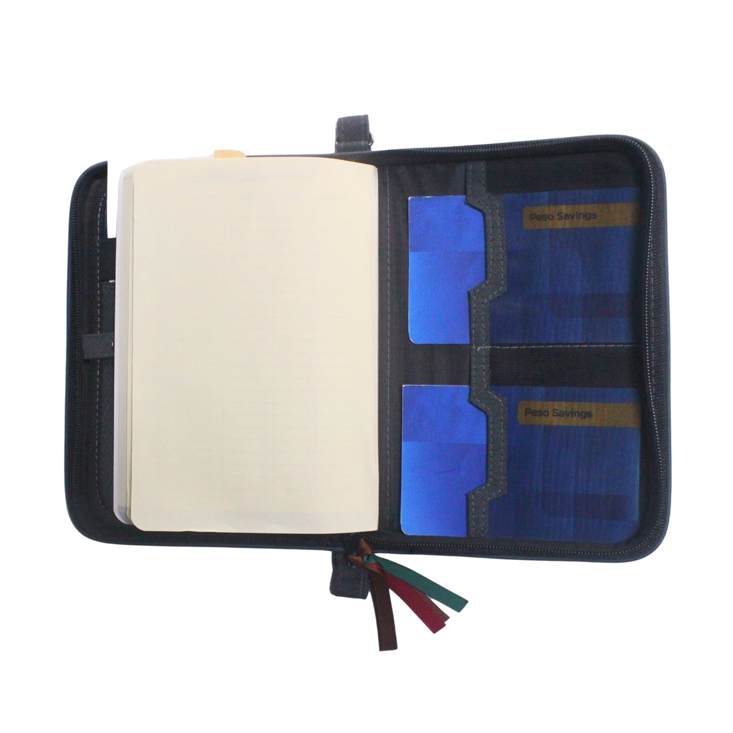 Gala Chocolate Hills family passport holder daily planner open with back of planner and two passbooks inserted.