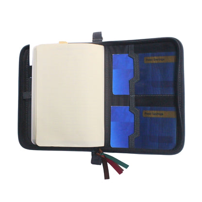 Gala Chocolate Hills family passport holder daily planner open with back of planner and two passbooks inserted.