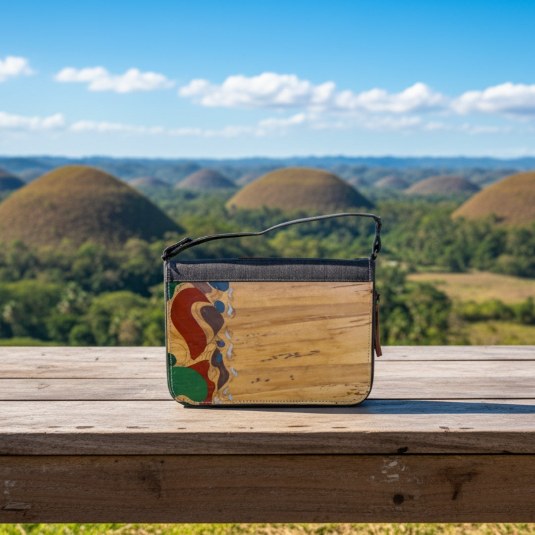 Gala Chocolate Hills on a wooden surface with a scenic background of the Chocolate Hills and a blue sky.