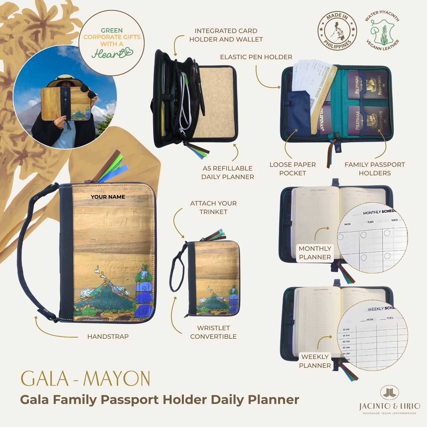 Gala Mayon family passport holder daily planner with various features and components.