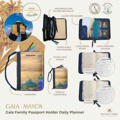 Gala Mayon family passport holder daily planner with various features and components.