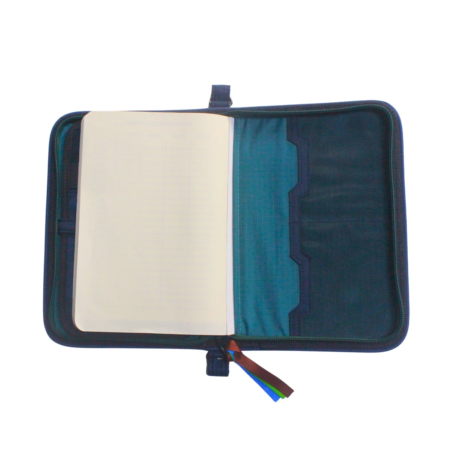 Gala Mayon family passport holder daily planner open with back of planner view.