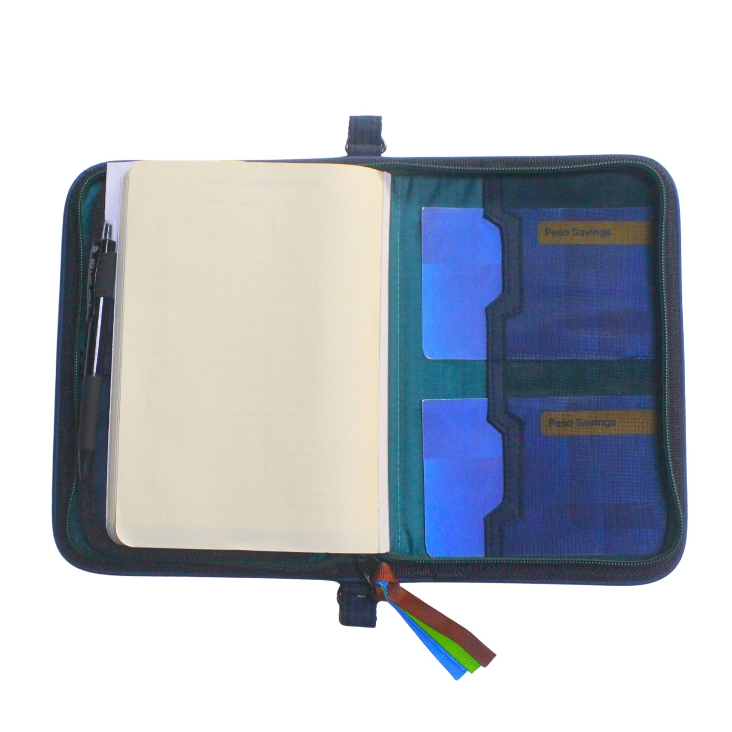 Gala Mayon family passport holder daily planner open with back of planner and two passbooks inserted.