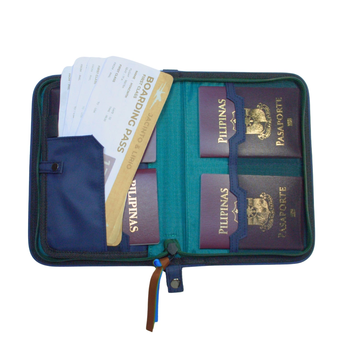 Gala Mayon family passport holder daily planner open with four passports and four boarding passes inserted.