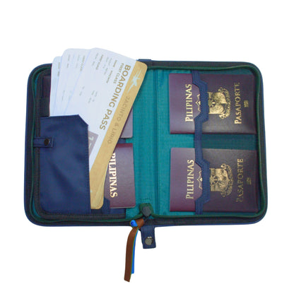 Gala Mayon family passport holder daily planner open with four passports and four boarding passes inserted.