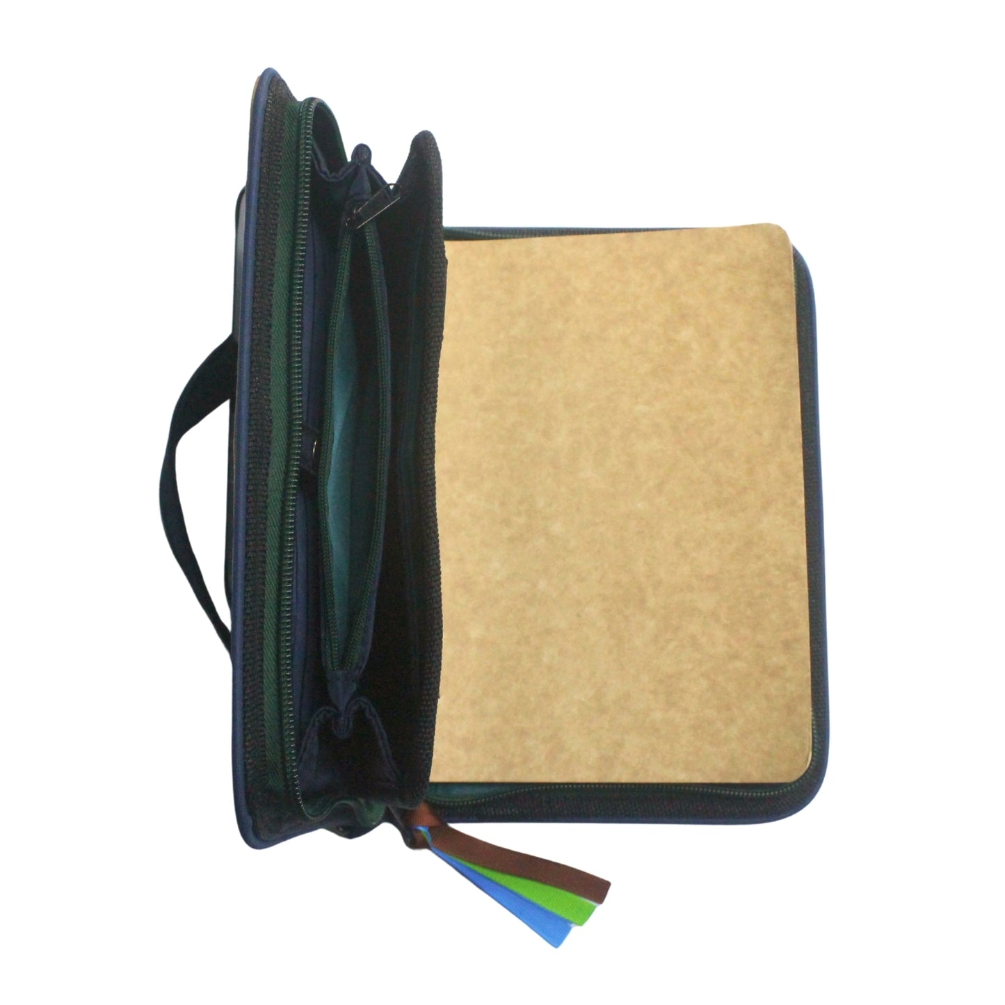 Gala Mayon family passport holder daily planner open showing off empty integrated card holder and wallet compartment.