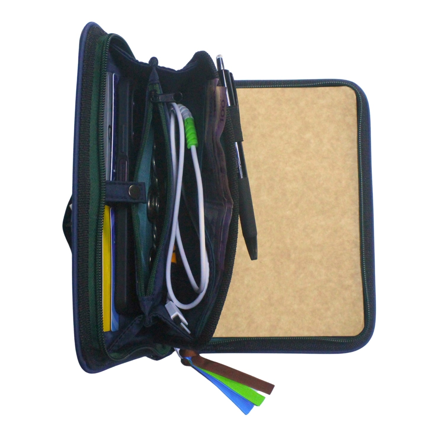 Gala Mayon family passport holder daily planner open showing off integrated card holder and wallet compartment with various items inserted.