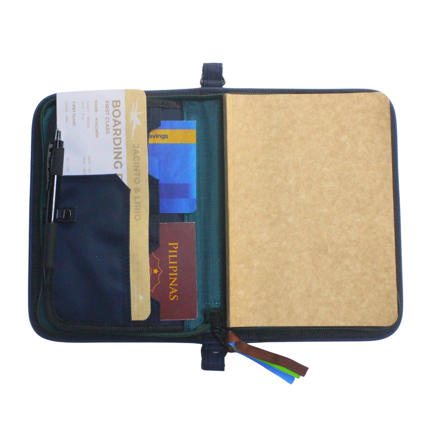 Gala Mayon family passport holder daily planner open with planner, passport, passbook, and boarding pass inserted.