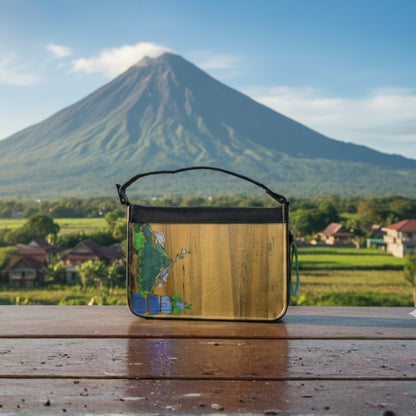 Gala Mayon Volcano with a scenic view on a wooden surface in front of the Mayon volcano.