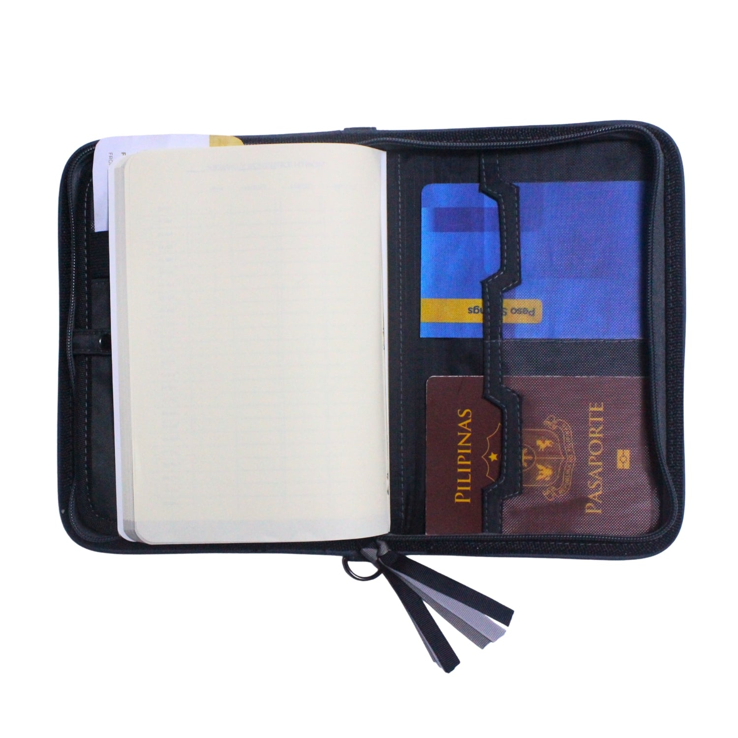 Gala Plain family passport holder daily planner open with back of planner and two passbooks inserted.