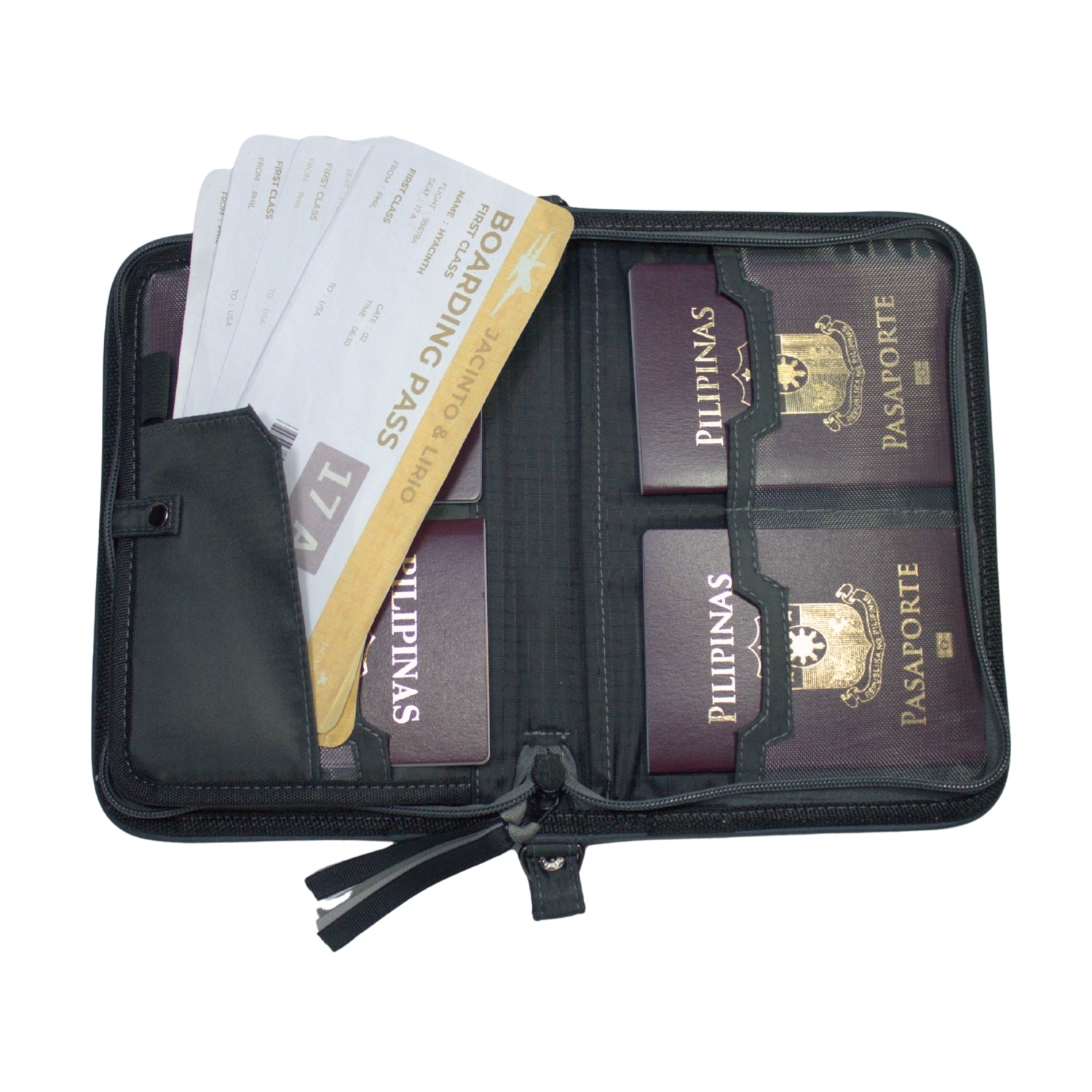 Gala Plain family passport holder daily planner open with four passports and four boarding passes inserted.