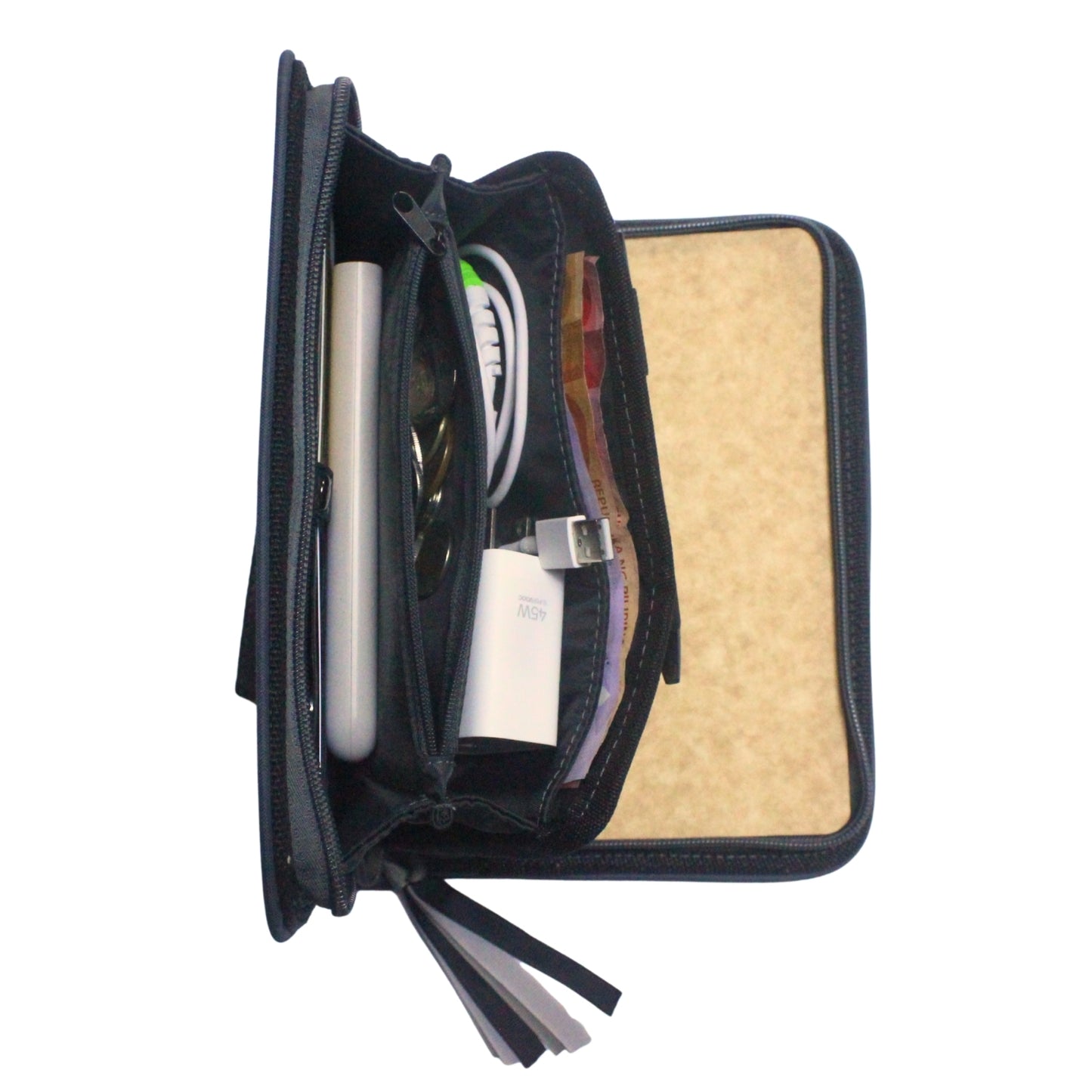 Gala Plain family passport holder daily planner open showing off integrated card holder and wallet compartment with various items inserted.